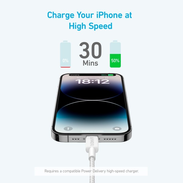 Anker Ank-322-USBC-LGT-90-W Ancer - USB2.0 Cable - USB-C para Lightning - Cabo Nylon Trançado - Comprimento 0.9m - carga rápida 