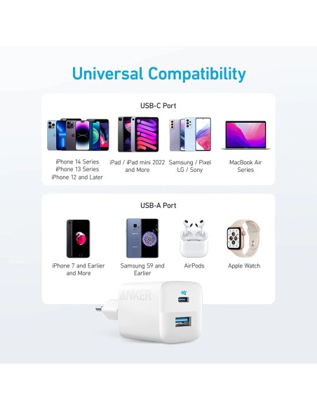 Anker Ank-323-Wcharger-33W1A1C-W Anker - Carregador USB - Power 33W - Carregamento rápido - Saídas USB-C, USB-A - Cor Branco