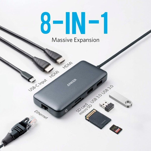 Kaufen ANKER ANK-POWEREXPAND-8-IN-1-G Hub USB-C 8-in-1 von Anker – 2xUSB-A 3.0, USB-C – 2xHDMI, Ethernet – Kartenleser mi