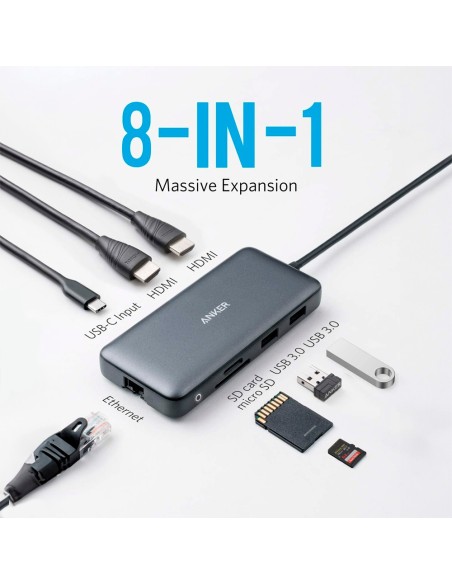 Kaufen ANKER ANK-POWEREXPAND-8-IN-1-G Hub USB-C 8-in-1 von Anker – 2xUSB-A 3.0, USB-C – 2xHDMI, Ethernet – Kartenleser mi