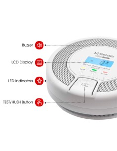 X-Sense CO03D Detector de CO do CO03D X-Sense - Bateria substituível - Indicador de luz de alarme - Alarme de som 85 dB a 3M - 2
