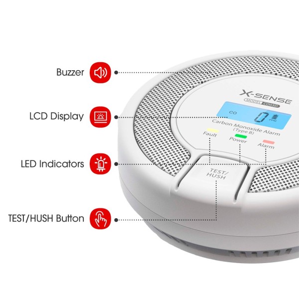 X-Sense CO03D Detector de CO do CO03D X-Sense - Bateria substituível - Indicador de luz de alarme - Alarme de som 85 dB a 3M -