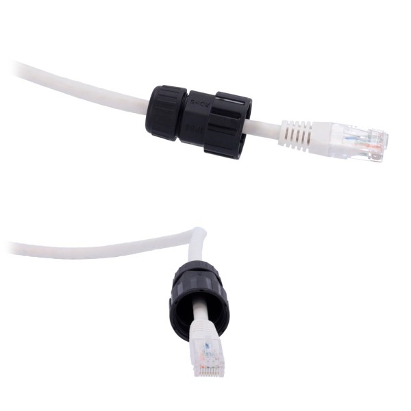 OEM com conector preto-branco-RJ45-Gland-W com encaixe industrial - Conector Entrada RJ45 - Conector de saída RJ45 - Cat UTP com