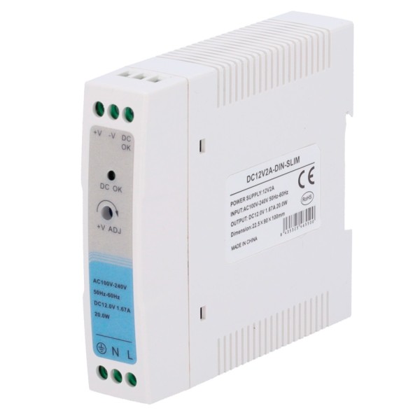 Acquista OEM DC12V2A-DIN-SLIM Alimentatore - Uscita DC 12 V 1,67 A / 20 W - Tensione di ingresso 100-240 VAC 50/60 Hz - 23 x