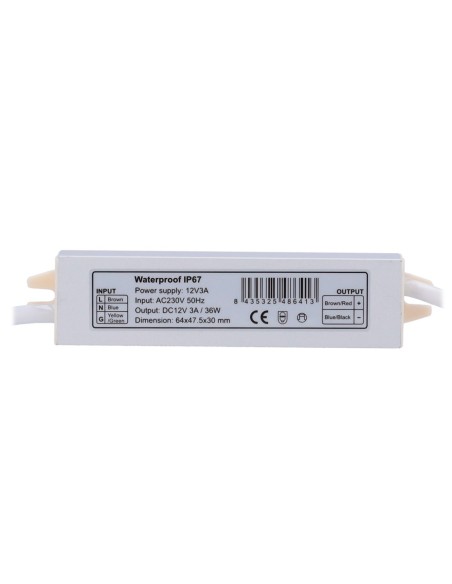 OEM DC12V3A-IP67 Fonte de alimentação - saída DC 12 V, 3 A - Saída AC 230V 50Hz - Impermeável IP67 - Proteção: Sobrecarga /