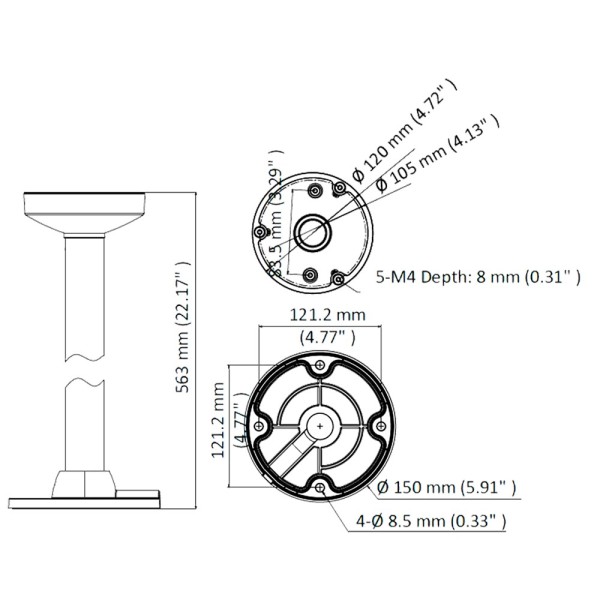 Hikvision DS-1271ZJ-120-PRETO TECHO - Altura 573 mm x 150 (Ø) mm - Adequado para uso externo - cor preta - fabricada e