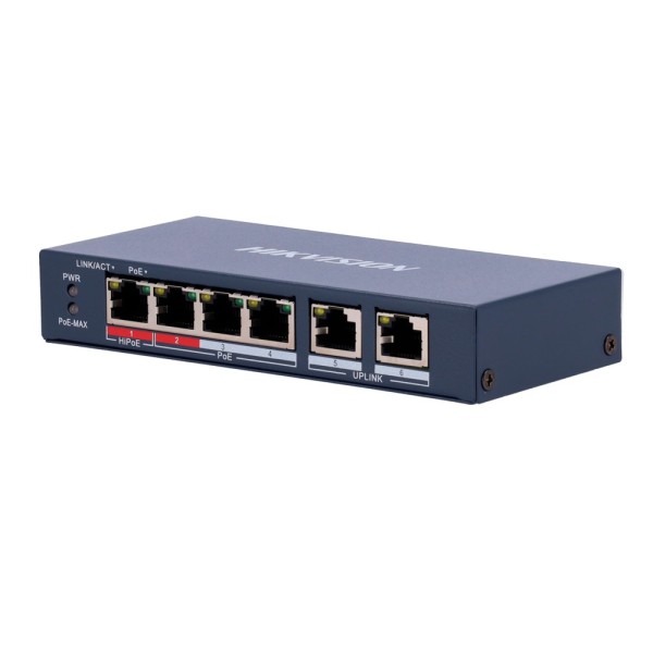 Comprar HIKVISION DS-3E0106HP-E Switch PoE Hikvision - 4 puertos 10/100 Mbps PoE + 2 Uplink  10/100Mbps - 1 Puerto PoE++ 802.3af