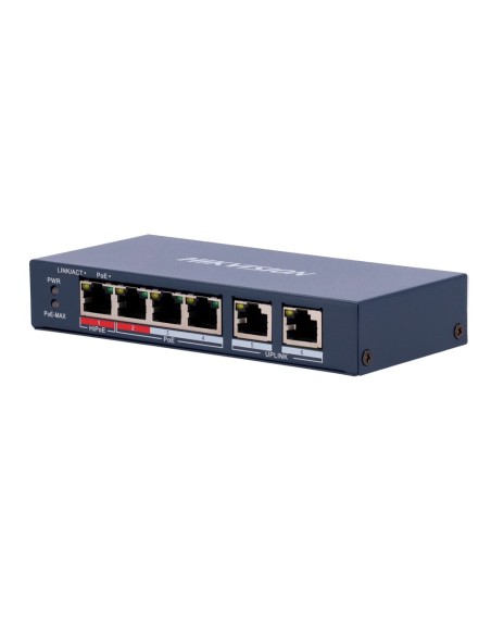Hikvision DS-3E0106HP-E Switch Poe Hikvision - 4 portas 10/100 Mbps PoE + 2 Upinco 10 / 100Mbps - 1 PoE ++ 802.3AF / AT / BT - 