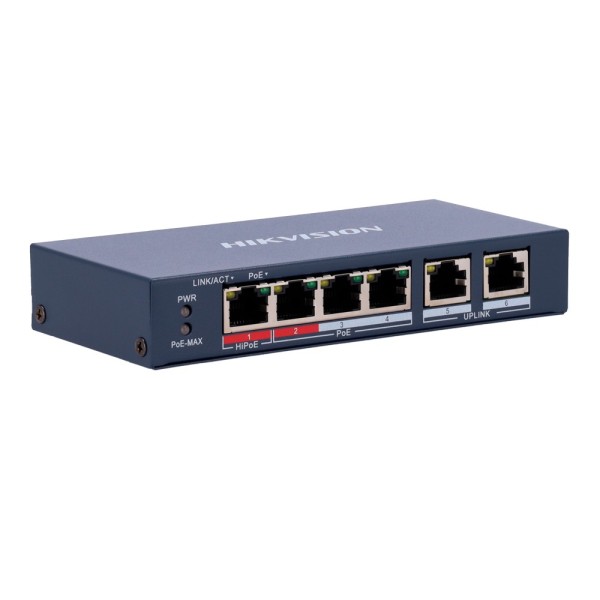 Comprar HIKVISION DS-3E0106HP-E Switch PoE Hikvision - 4 puertos 10/100 Mbps PoE + 2 Uplink  10/100Mbps - 1 Puerto PoE++ 802.3af