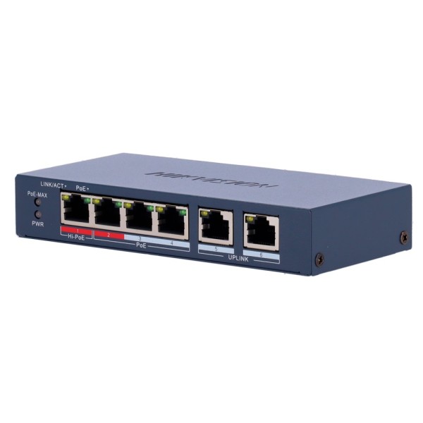 Acquistare HIKVISION DS-3E1106HP-EI Switch Hikvision PoE gestibile - 4 porte PoE 802.3af/at/bt + 2 uplink - Velocità 10/100 Mb