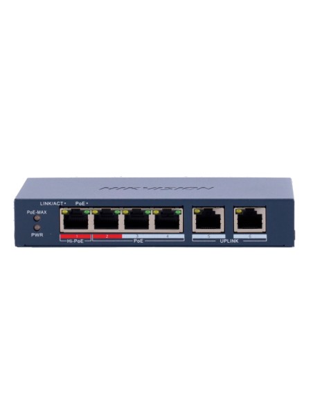 Comprar HIKVISION DS-3E1106HP-EI Hikvision HiPoE Switch Gestionable - 4 puertos PoE 802.3af/at + 2 Uplink RJ45 - 4 RJ45 10/100Mb