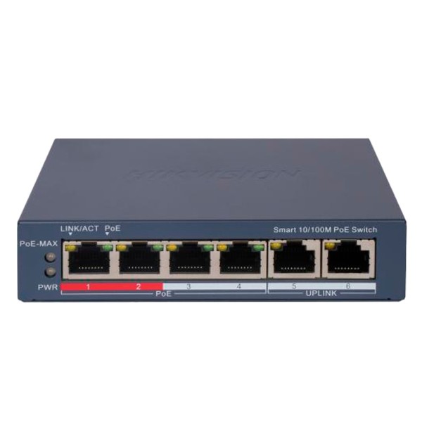 Hikvision DS-3E1106P-EI Hikvision PoE Interruptor germazable - 4 portas Poe 802.3AF / AT + 2 UpLink RJ45 - 4 RJ45 10 / 100Mbps +