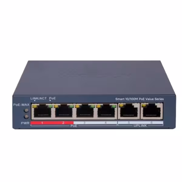 Comprar HIKVISION DS-3E1106P-EI/M Hikvision Switch PoE Gestionable - 4 Puertos PoE 802.3af/at + 2 Uplink - Velocidad 10/100 Mbps