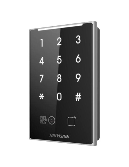 Leitor de acesso à Hikvision DS-K1109DKB-QR - Acesso por cartão MF, QR e PIN - LED e indicador acústico - Wiegand 26/34 |