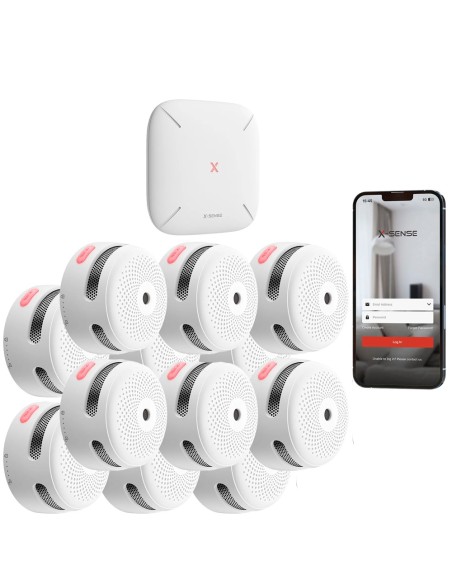 X-Sense FS121 Autônomo Kit de detecção de incêndio X-Sense - Inlcuye 12 XS01-M Humb e Hub SBS50 Detectores - Conexão com Hu