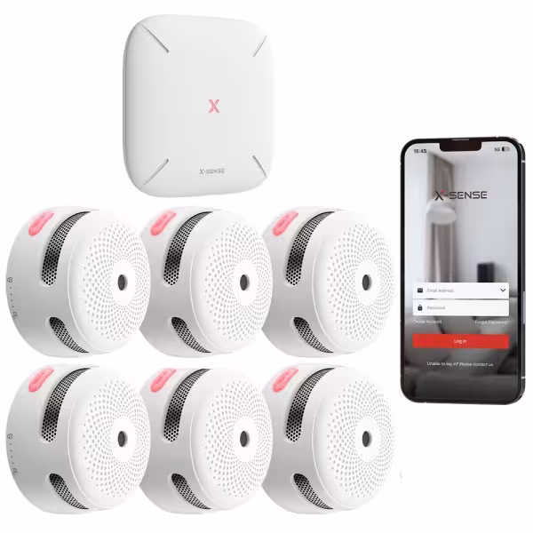 Kaufen Sie das X-SENSE FS61 Kit zur autonomen Branderkennung von X-Sense – enthält 6 XS01-M Rauchmelder und Hub SBS50 – Verbindu