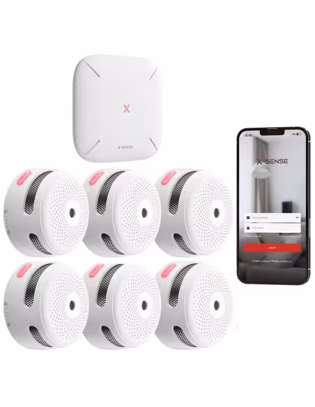 Kaufen Sie das X-SENSE FS61 Kit zur autonomen Branderkennung von X-Sense – enthält 6 XS01-M Rauchmelder und Hub SBS50 – Verbindu