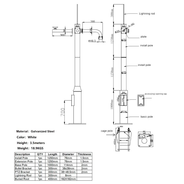 Pólo de OEM-350-D para CCTV - 3,5 metros de altura - fabricado em aço galvanizado - 2 peças de 1,25 metros e 1 base de 1 