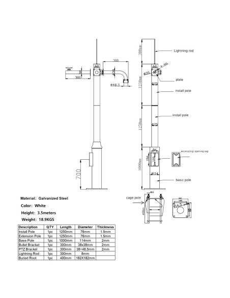 Acheter OEM POLE-350-D Mât pour CCTV - 3,5 mètres de hauteur - Fabriqué en acier galvanisé - 2 pièces de 1,25 mètre et 1 ba