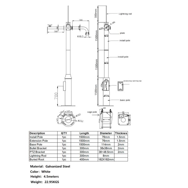 Pólo de OEM-450-D para CCTV - 4,5 metros de altura - fabricado em aço galvanizado - 3 partes de 1,5 metros constituídos