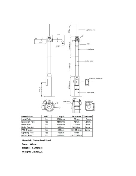 Acheter OEM POLE-450-D Mât pour CCTV - 4,5 mètres de hauteur - Fabriqué en acier galvanisé - 3 pièces de 1,5 mètre qui avec