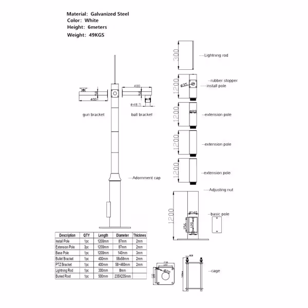 Acheter OEM POLE-600-D Mât pour CCTV - 6 mètres de hauteur - Fabriqué en acier galvanisé - 5 pièces de 1,2 mètre qui const
