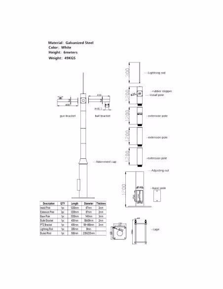 Acheter OEM POLE-600-D Mât pour CCTV - 6 mètres de hauteur - Fabriqué en acier galvanisé - 5 pièces de 1,2 mètre qui const