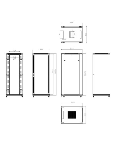 Gabinete de rack de rack-42U-10D-10D - até 42U Rack de 19 "1000) - até 800 kg de carga - com ventilação e passes