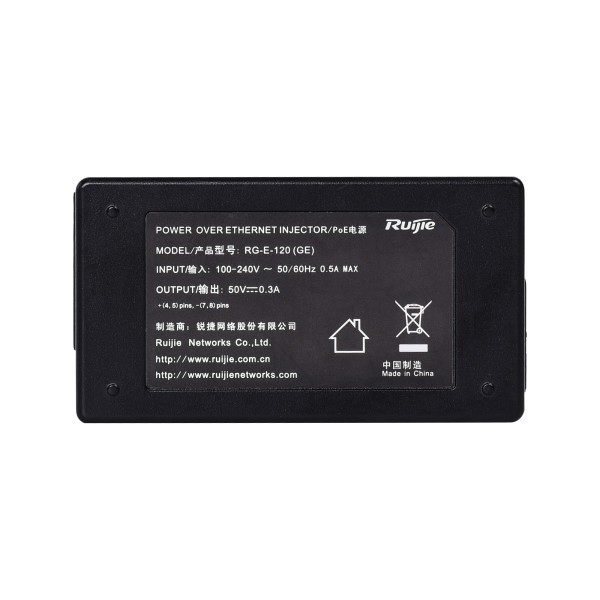 Comprar REYEE RG-E-120GE Ruijie - Inyector PoE IEEE802.3af - Puertos RJ45 10/100/1000 Mbps - Potencia 15.4 W - Distancia máxima 