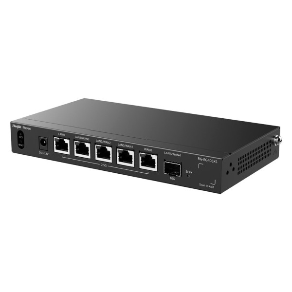 Reyee RG-EG406xs REYEE Router Cloud - 5 portas RJ45 2.5G + 1 SFP + 10Gigabit - Firewall Funções Básicas - Suporta até 5 WA