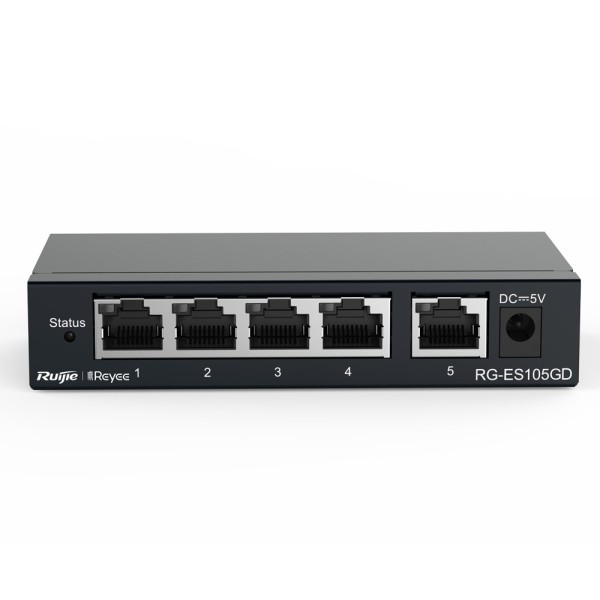 Reyee RG-ES105GD Reyee Switch Desktop - Metal Habitação - 5 portas RJ45 - Velocidade 10/100/1000 Mbps - Plug and Play - Tecnolog