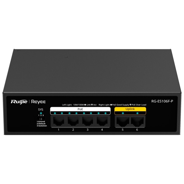 Acheter REYEE RG-ES106F-P Switch Reyee PoE de bureau - Boîtier en métal - 6 ports RJ45 10/100 Mb/s - 4 ports PoE+ 802.3af/at +