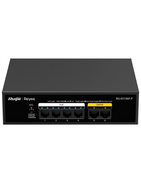 Reyee RG-ES106F-P Reyee Switch Definição de ajuste PoE - Metal Habitação - 6 portas RJ45 10/100 Mbps - 4 portas Poe + 802.3AF / 