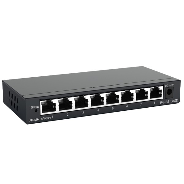 Reyee RG-ES108GD Reyee Switch Desktop - Metal Habitação - 8 Portas RJ45 - Velocidade 10/100/1000 Mbps - Plug and Play - Tecnolog