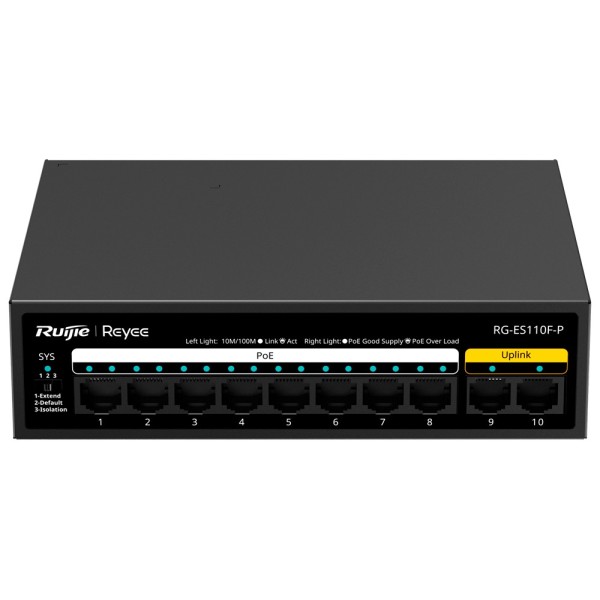 Reyee RG-ES110F-P REYEE Switch Poe Desktop - Metal Habitação - 8 portas RJ45 10/100 Mbps Poe + 802.3AF / AT - 2 portas UPLINK RJ