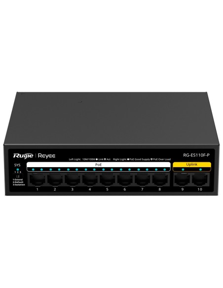 Reyee RG-ES110F-P REYEE Switch Poe Desktop - Metal Habitação - 8 portas RJ45 10/100 Mbps Poe + 802.3AF / AT - 2 portas UPLINK RJ