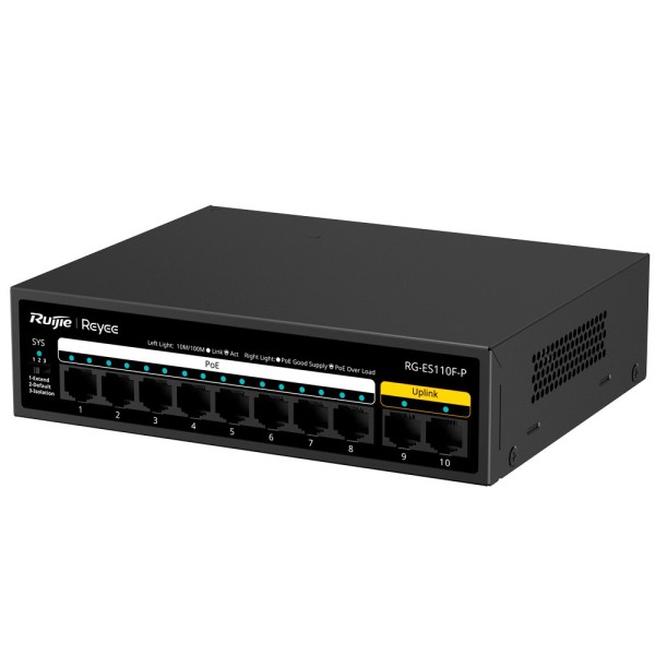 Reyee RG-ES110F-P REYEE Switch Poe Desktop - Metal Habitação - 8 portas RJ45 10/100 Mbps Poe + 802.3AF / AT - 2 portas UPLINK RJ