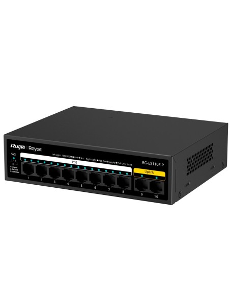 Comprar REYEE RG-ES110F-P Reyee Switch PoE Sobremesa - Carcasa Metal - 8 puertos RJ45 10/100 Mbps PoE+ 802.3af/at  - 2 Puertos U