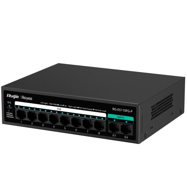 Comprar REYEE RG-ES110FG-P Reyee Switch PoE Sobremesa - Carcasa Metal - 8 puertos RJ45 10/100 Mbps - 8 Puertos PoE+ 802.3af/at +