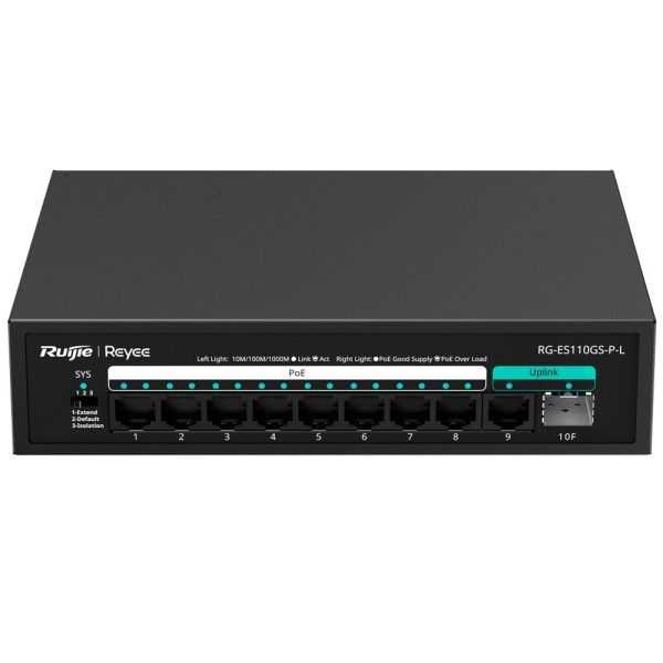 Reyee RG-ES110GS-P-L Reyee Switch Poe Configuração para cima - 8 portas RJ45 + 1 UPLINK RJ45 + 1 Uplink SFP - 8 Portas Gigabit +