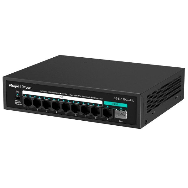 Reyee RG-ES110GS-P-L Reyee Switch Poe Configuração para cima - 8 portas RJ45 + 1 UPLINK RJ45 + 1 Uplink SFP - 8 Portas Gigabit +