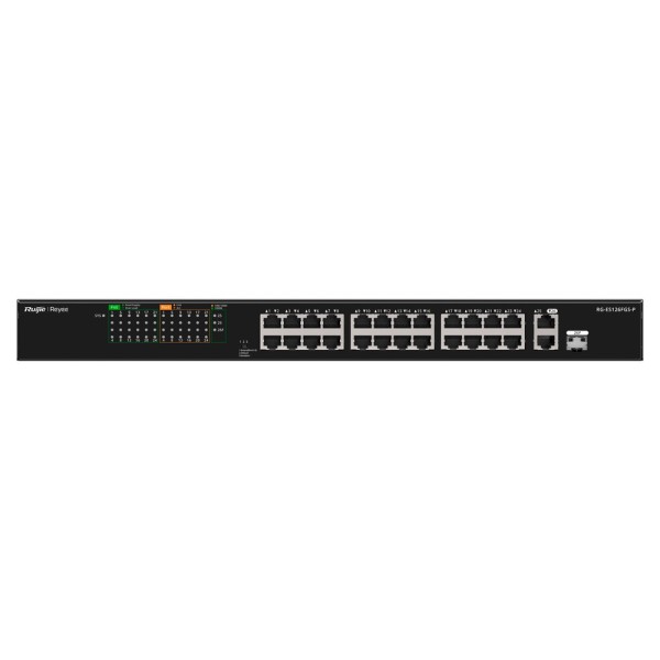 Reyee RG-ES126FGS-P Reyee Switch Poe Configuração - 24 portas RJ45 + 1 Uplink RJ45 + 1 SFP COMBO - 24 portas 10 / 100Mbps + 2 pu