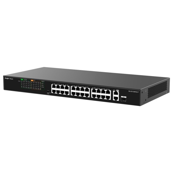 Reyee RG-ES126FGS-P Reyee Switch Poe Configuração - 24 portas RJ45 + 1 Uplink RJ45 + 1 SFP COMBO - 24 portas 10 / 100Mbps + 2 pu