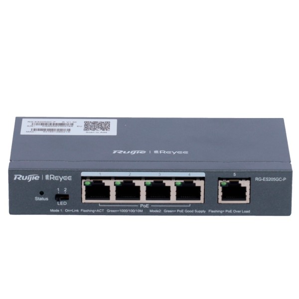 Reyee RG-ES205GC-P Switch REYEE POE Gerenciamento de nuvem - 4 portas Poe 802.3AF / AT + 1 UPLINK RJ45 - 4 RJ45 10/100 / 1000Mbp