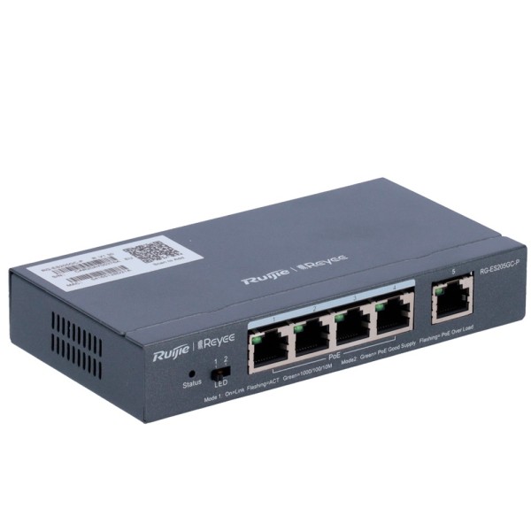 Reyee RG-ES205GC-P Switch REYEE POE Gerenciamento de nuvem - 4 portas Poe 802.3AF / AT + 1 UPLINK RJ45 - 4 RJ45 10/100 / 1000Mbp