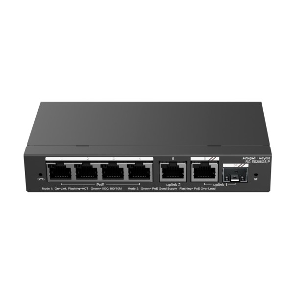 Reyee RG-ES206GS-P Switch Reyee Poe Cloud - 4 portas PoE + 2 portas RJ45 + 1 Combo SFP - Velocidade do Porto 10/100/1000 Mbps