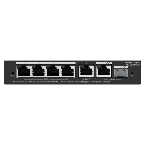 Reyee RG-ES206GS-P Switch Reyee Poe Cloud - 4 portas PoE + 2 portas RJ45 + 1 Combo SFP - Velocidade do Porto 10/100/1000 Mbps