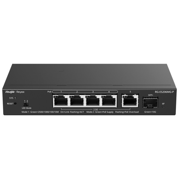 Reyee RG-ES206MG-P REYEE Switch PoE Cloud Capa 2 - 5 posts PoE Multigigabit e 10Gbps SFP + - PoE 802.3AF / a 30W / máximo 