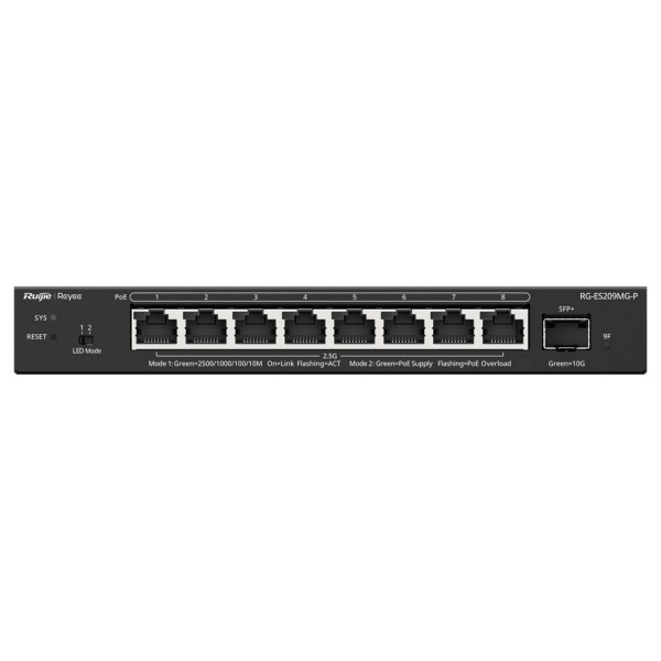 Reyee RG-ES209MG-P REYEE Switch PoE Cloud Capa 2 - 8 x PoE Poe Multigigabit e 1 x 10Gbps SFP + - PoE 802.3AF / a até 30W / m