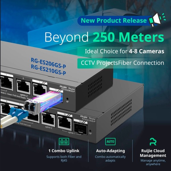 Reyee RG-ES210GS-P REYEE Switch PoE Cloud Managerial - 8 portas Poe + 2 UPLINK RJ45 + 1 SFP COMBO - Velocidade do Porto 10/10